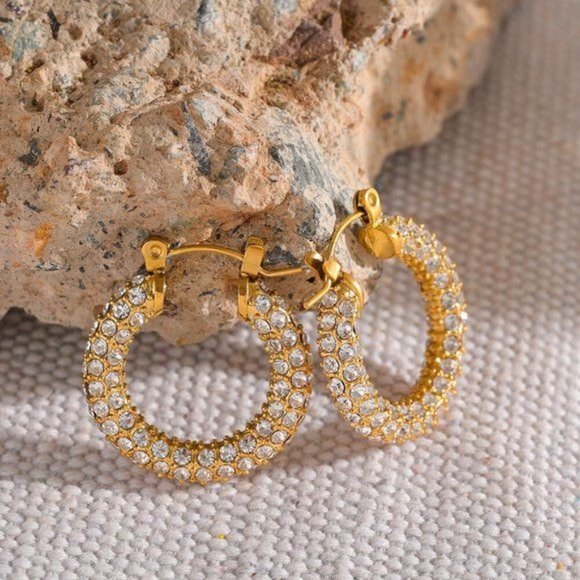 Medium Zircon Chunky Hoop 18K Gold‎ Plated Stainless Steel Earrings - Picture 8 of 12